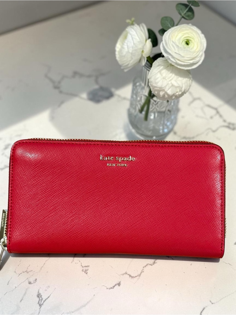 Kate Spade Cherry Red Saffiano Leather Spencer Zip Around Continental Wallet NWT